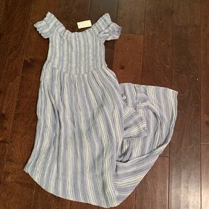 long blue striped dress off the shoulder